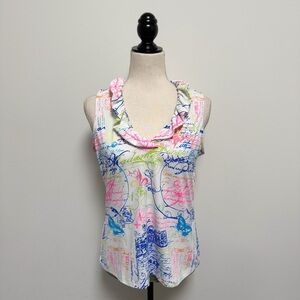 Lulu B White Post Cards Of Love French Script Ruffle Neckline Sleeveless Top S